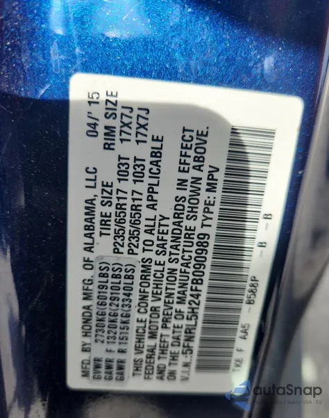 2015 Honda Odyssey Lx z USA, uszkodzony, nr VIN 5FNRL5H24FB090989